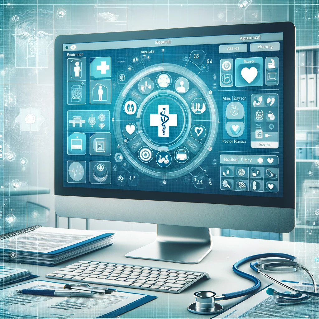 Un computer con un’interfaccia utente medica avanzata visualizzata sullo schermo, circondato da attrezzature mediche e documenti, illustra l’integrazione della tecnologia nella sanità.