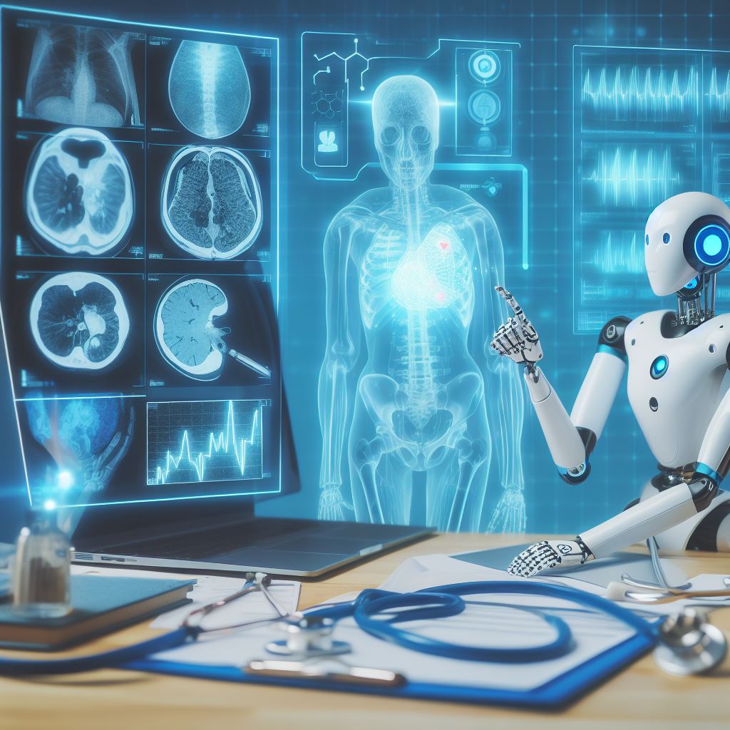 Un robot medico utilizza l’intelligenza artificiale e l’apprendimento automatico per analizzare e interpretare varie immagini diagnostiche visualizzate su uno schermo digitale. Il robot indica qualcosa sull'interfaccia a qualcuno, presumibilmente un medico. Simboleggia la collaborazione tra intelligenza artificiale e umana, che migliora la precisione e l’efficienza della diagnosi medica.