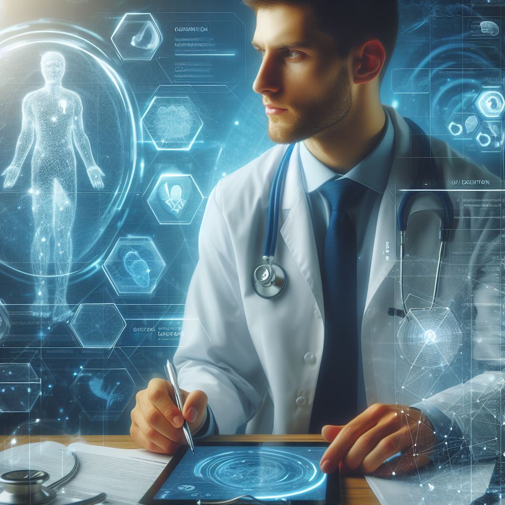 Un giovane medico con camice bianco e stetoscopio utilizza un tablet avanzato per visualizzare dati e immagini tridimensionali del corpo umano, simboleggiando le ultime innovazioni nella cartella clinica elettronica.